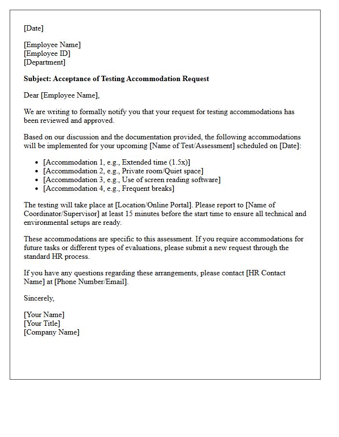 Employee Acceptance Letter for Testing Accommodation
