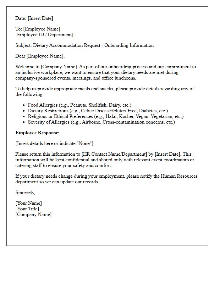 Employee Onboarding Dietary Accommodation Letter