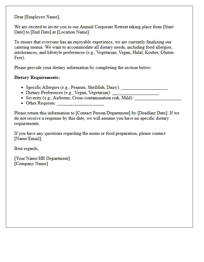 Annual Corporate Retreat Dietary Restriction Letter