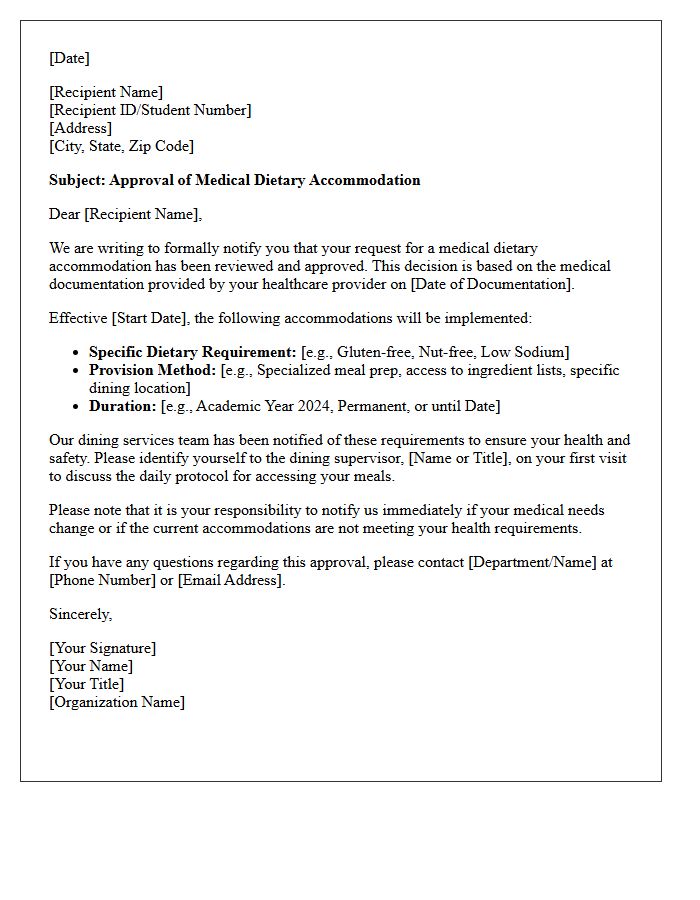Medical Dietary Needs Accommodation Approval Letter