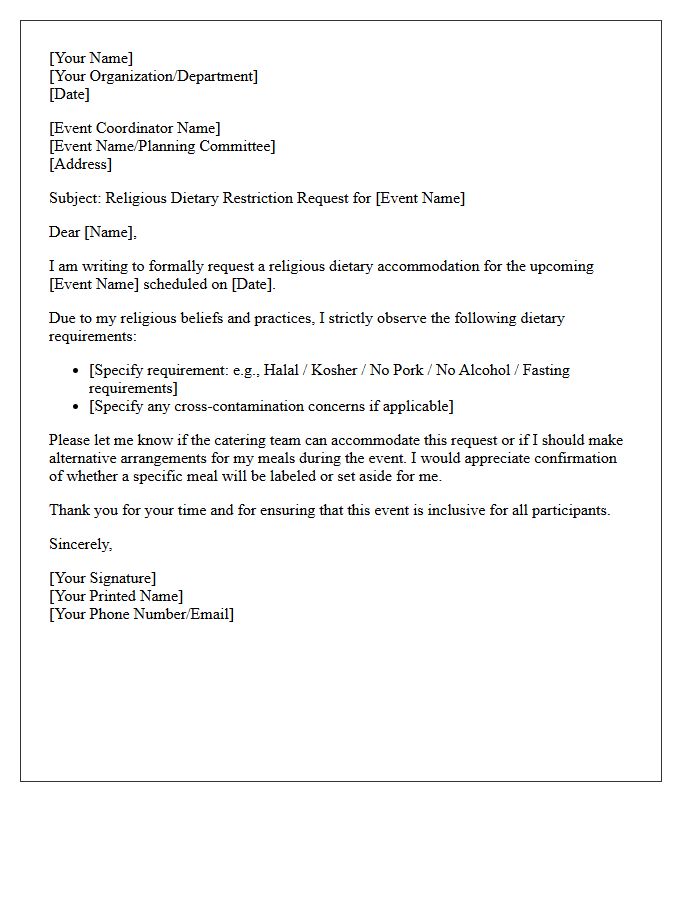 Religious Dietary Restriction Event Request Letter