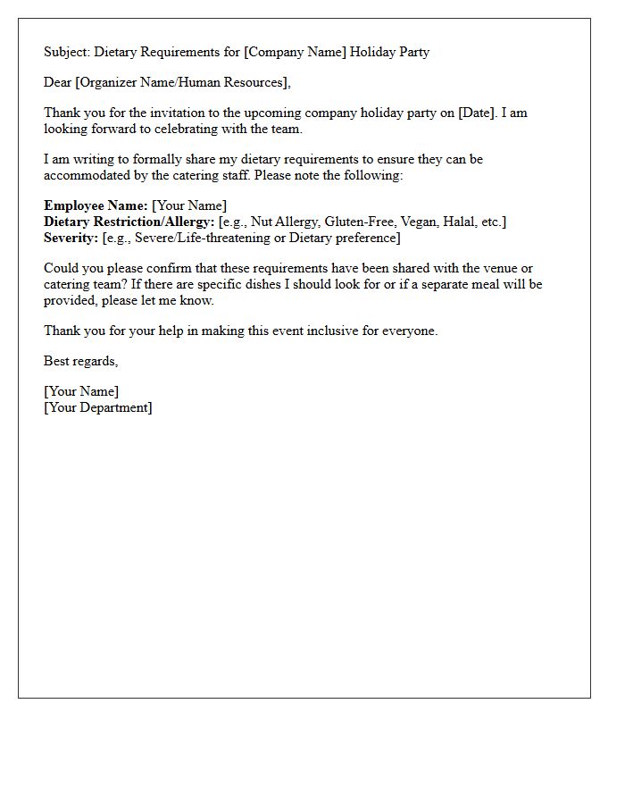 Company Holiday Party Dietary Accommodation Letter