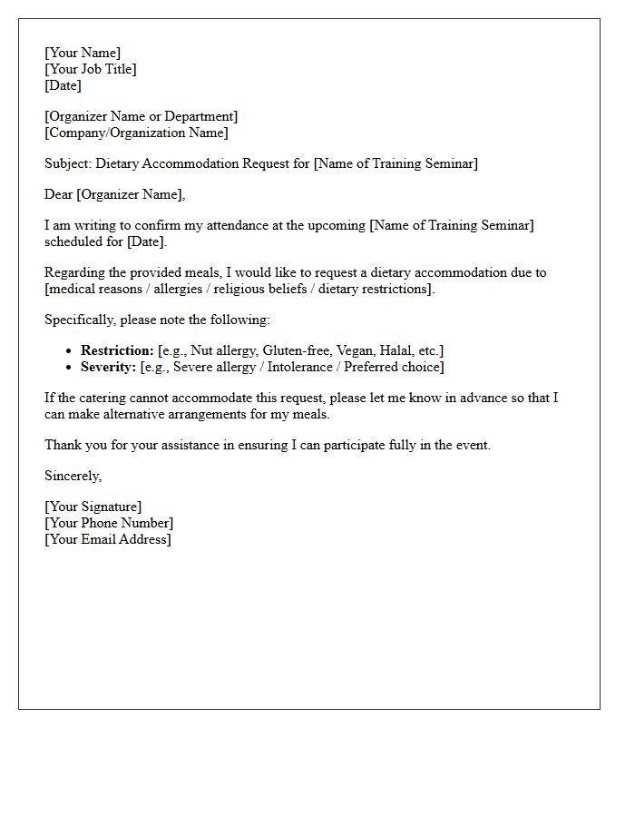 Training Seminar Dietary Accommodation Request Letter