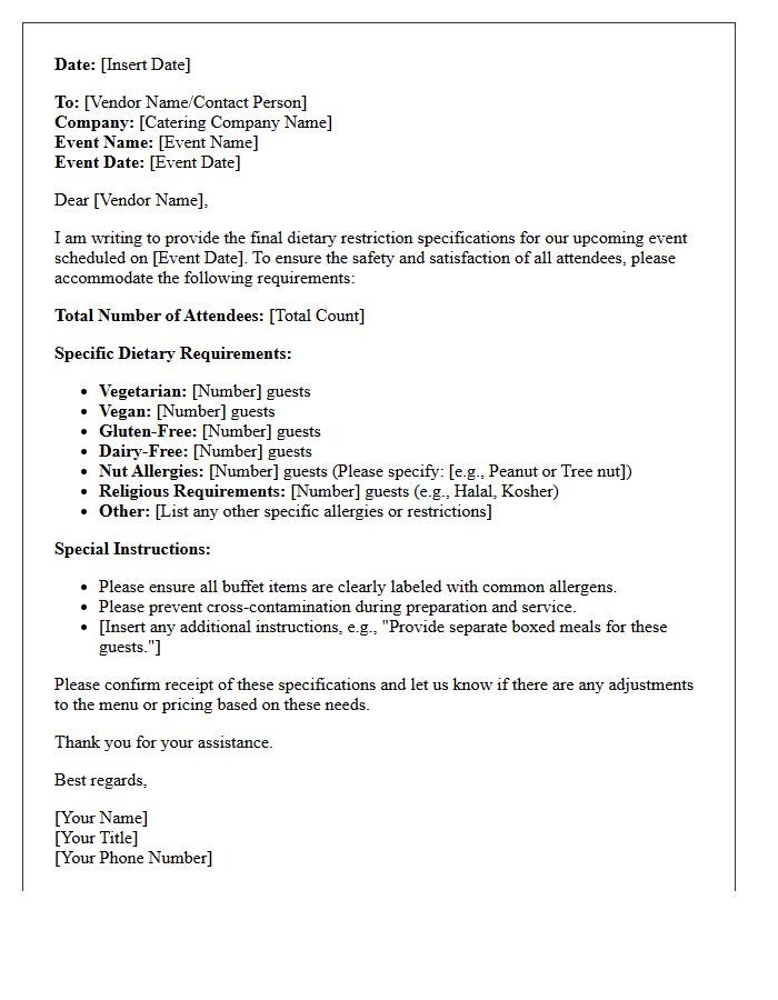 Vendor Catering Dietary Restriction Specification Letter