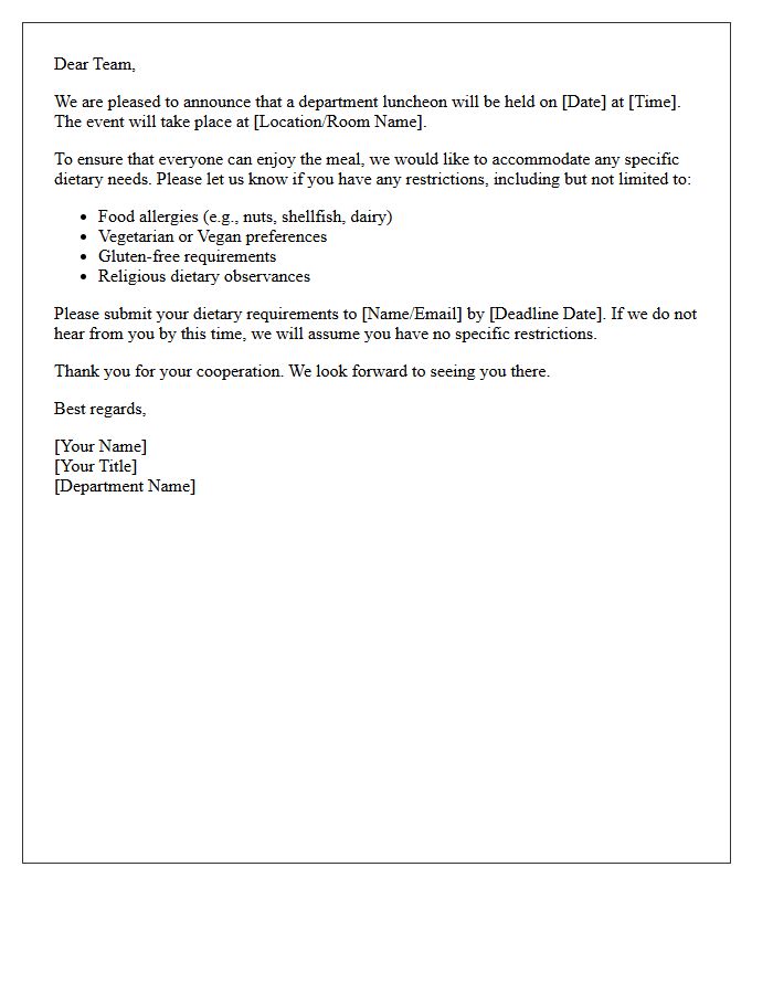 Department Luncheon Dietary Restriction Notice Letter