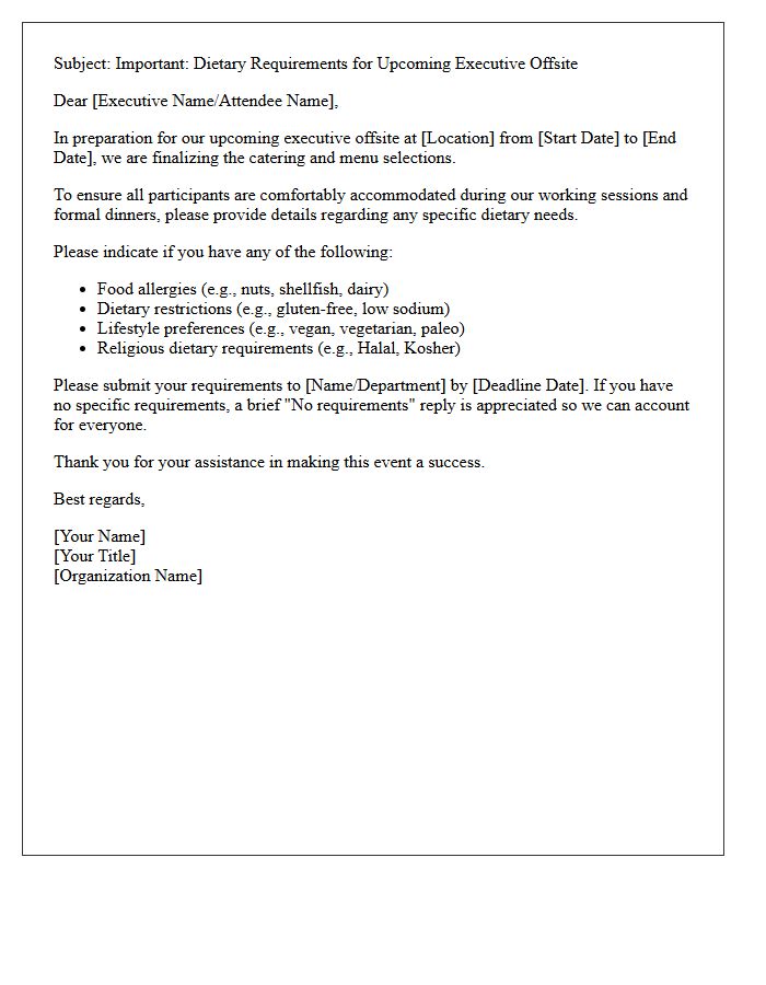 Executive Offsite Dietary Accommodation Planning Letter