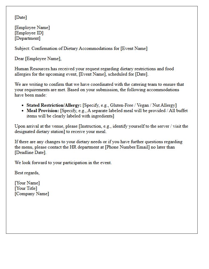 Standard Human Resources Dietary Restriction Event Accommodation Letter