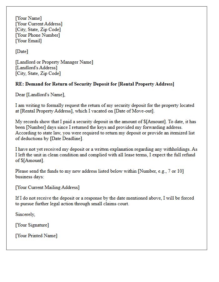Initial Demand Letter for Unreturned Security Deposit
