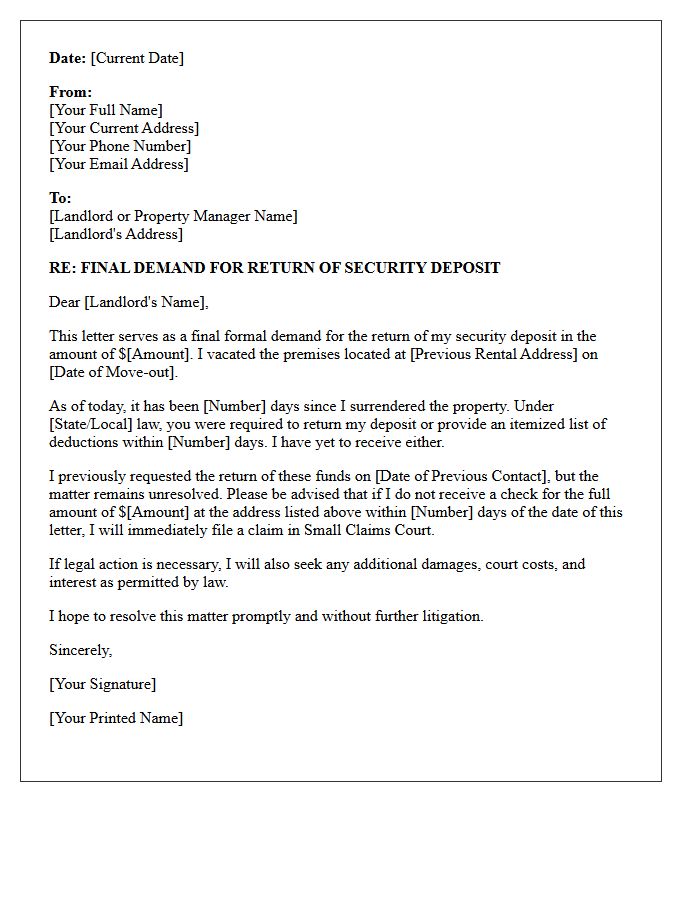 Final Notice Demand Letter for Withheld Security Deposit