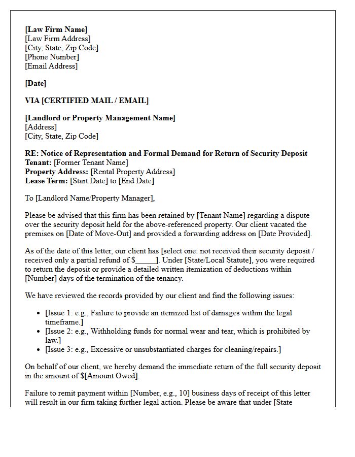Law Firm Representation Letter for Security Deposit Dispute