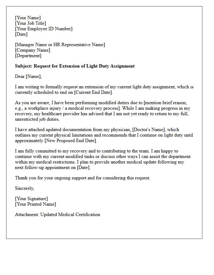 Light Duty Assignment Accommodation Extension Request Letter