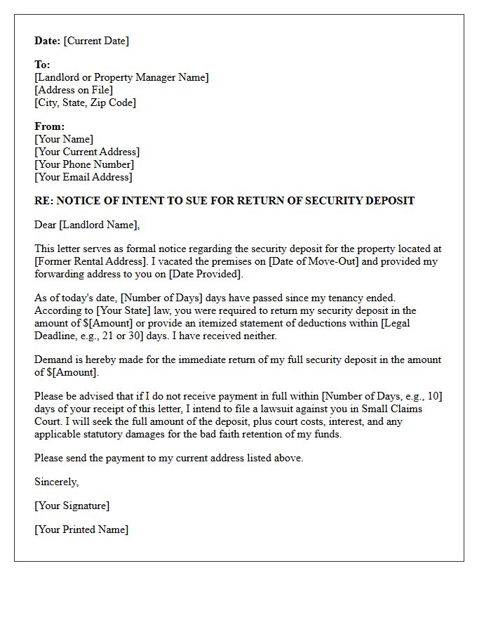 Notice of Intent to Sue Letter Regarding Security Deposit