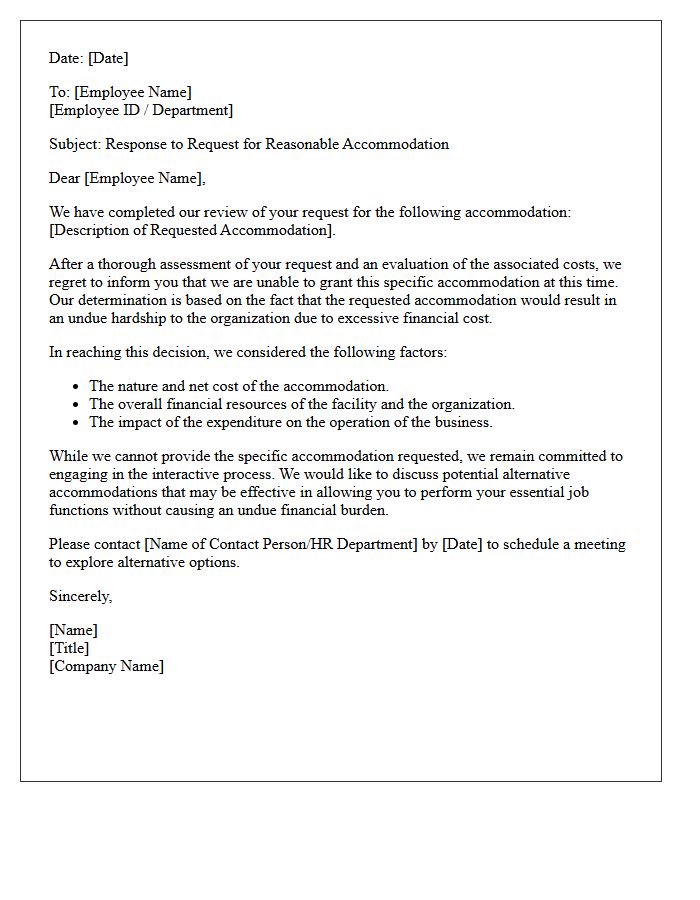 Excessive Financial Cost Undue Hardship Accommodation Denial Letter