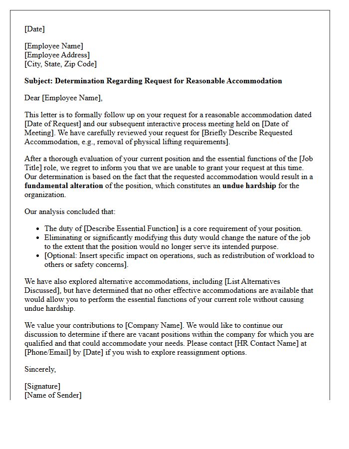 Fundamental Alteration of Job Duties Undue Hardship Accommodation Denial Letter