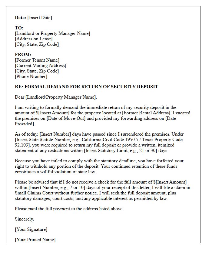 Statutory Violation Demand Letter for Retained Deposit
