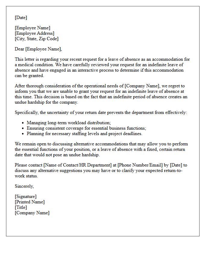 Indefinite Leave of Absence Undue Hardship Accommodation Denial Letter