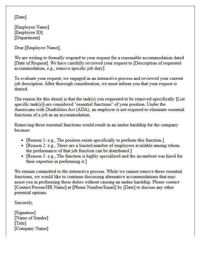 Essential Function Removal Undue Hardship Accommodation Denial Letter