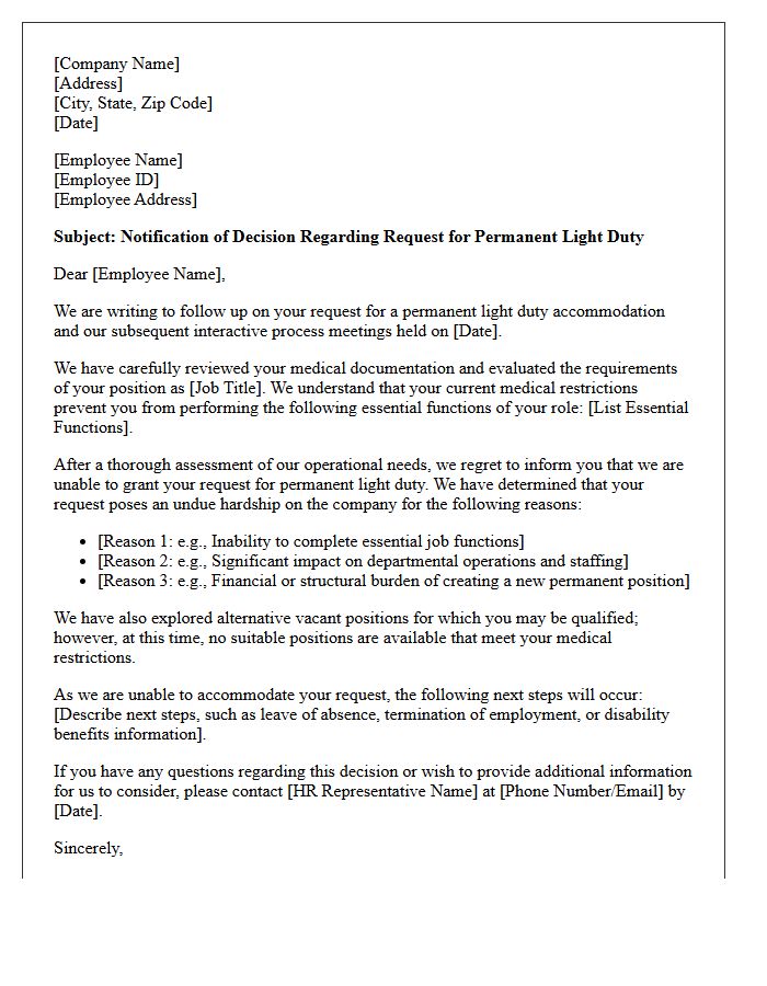 Permanent Light Duty Undue Hardship Accommodation Denial Letter
