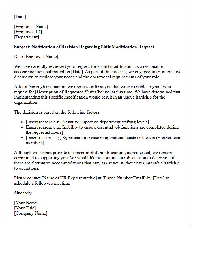 Shift Modification Undue Hardship Accommodation Denial Letter