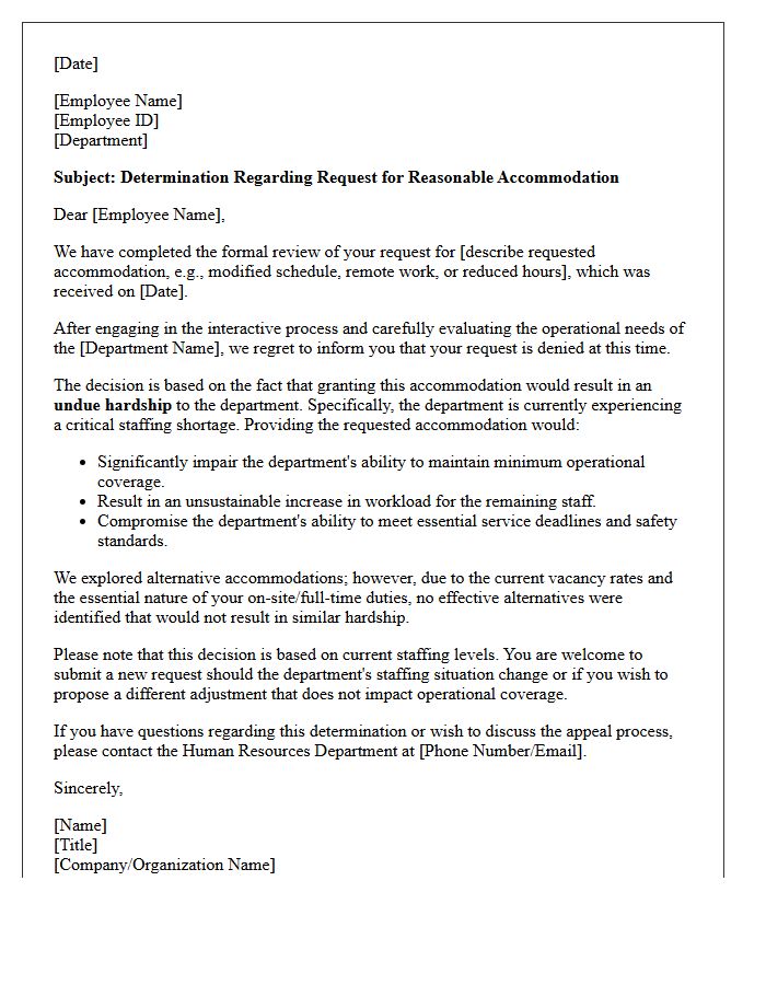 Department Staffing Shortage Undue Hardship Accommodation Denial Letter