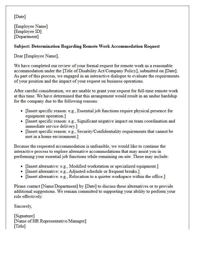 Unfeasible Remote Work Undue Hardship Accommodation Denial Letter