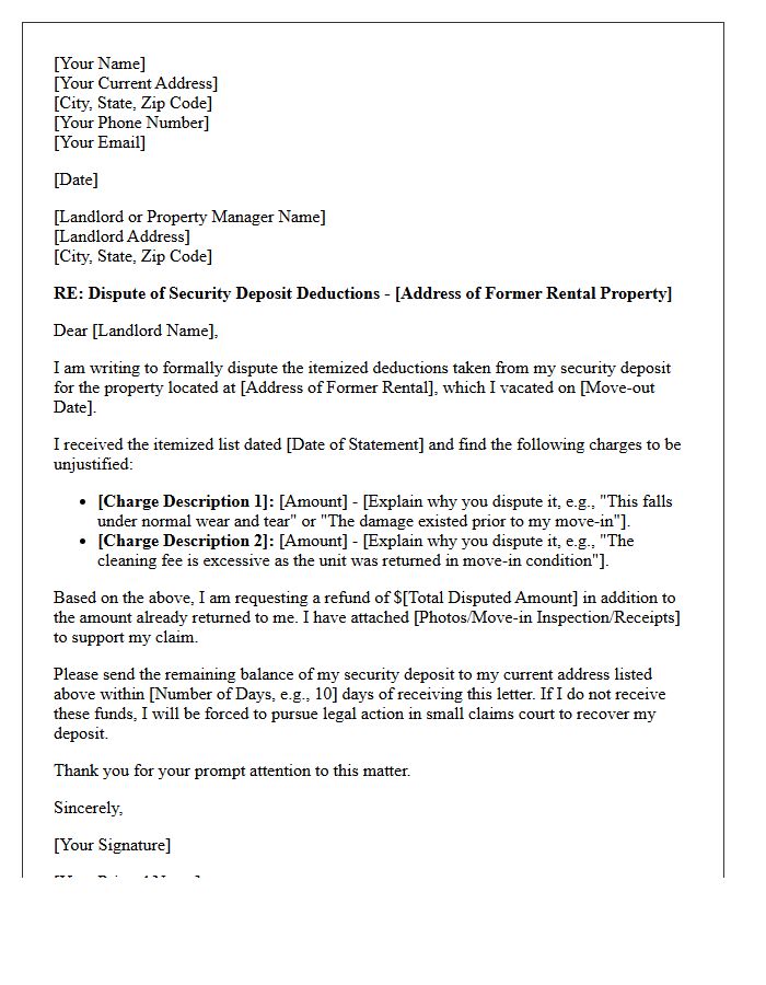 Itemized Deductions Dispute Letter to Landlord