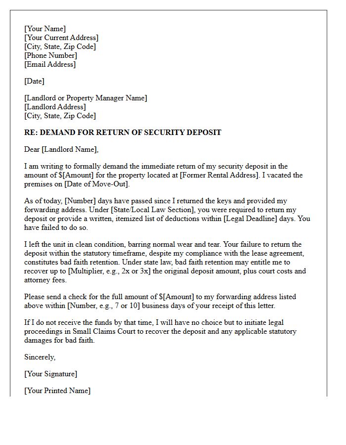 Demand Letter for Bad Faith Retention of Security Deposit