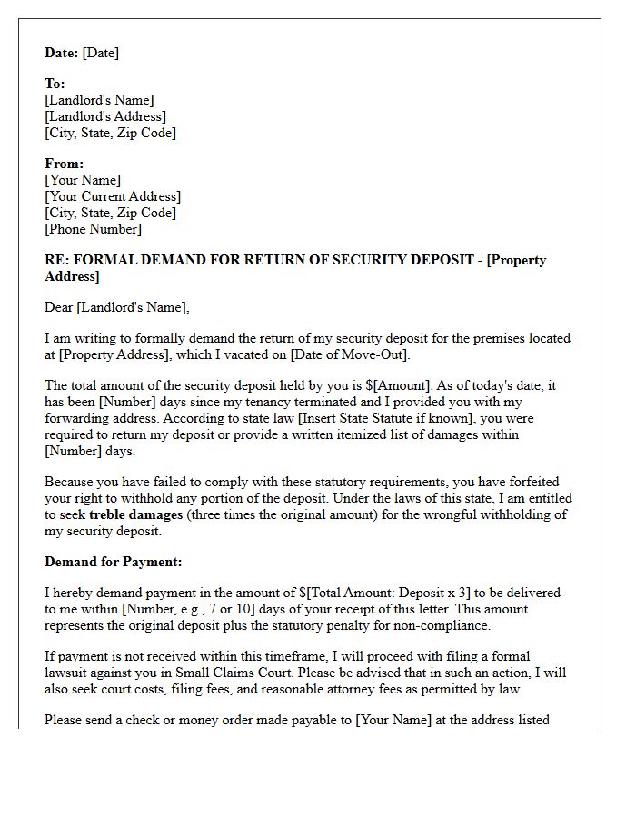 Treble Damages Demand Letter for Security Deposit Failure