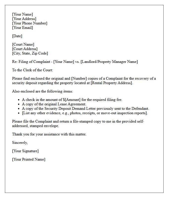 Draft Complaint Enclosure Letter for Security Deposit Claim
