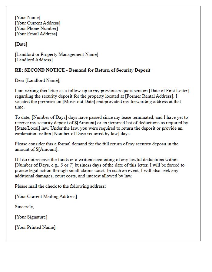 Follow-Up Demand Letter for Landlord Security Deposit