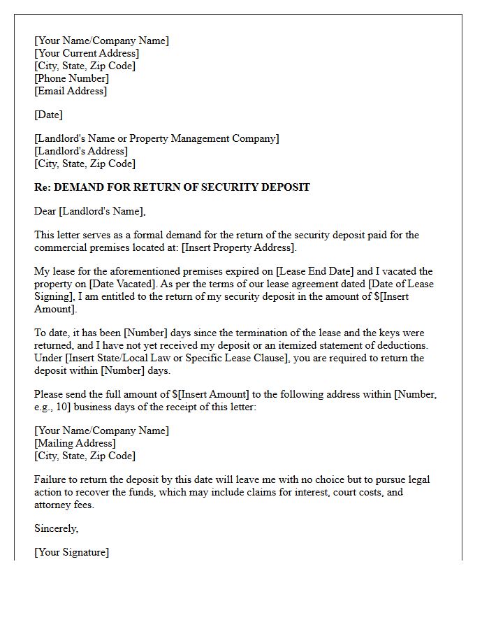 Demand Letter for Commercial Lease Security Deposit Return