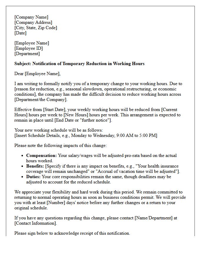 Temporary Reduction of Working Hours Notification Letter