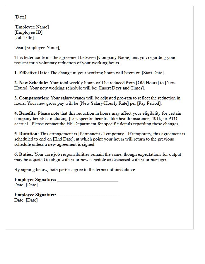 Voluntary Reduction of Hours Agreement Letter