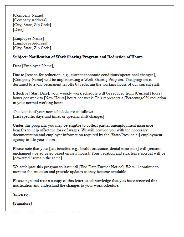Work Sharing Program and Reduction of Hours Letter