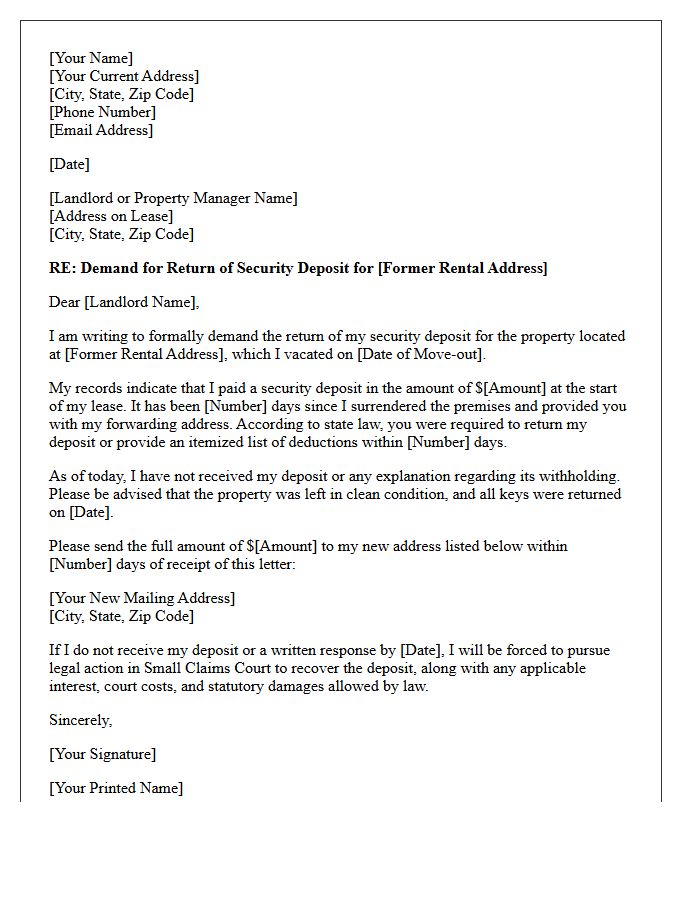 Demand Letter for Residential Lease Security Deposit Return
