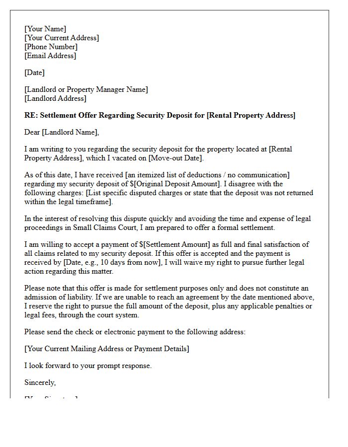 Settlement Offer Letter for Security Deposit Dispute