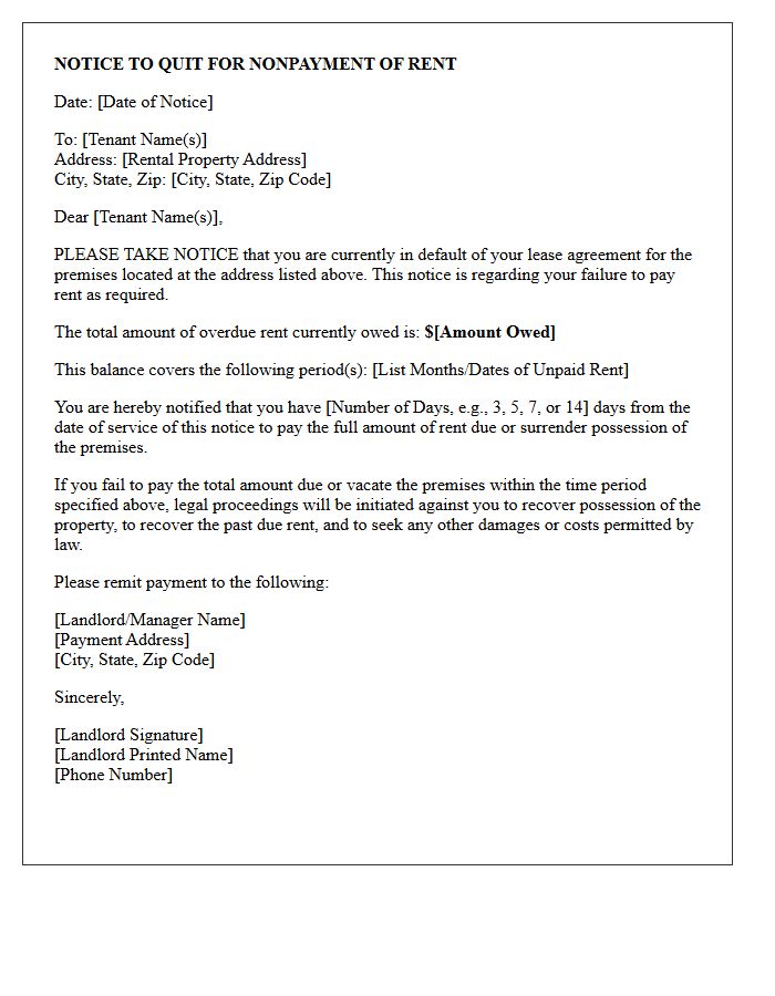 Notice To Quit For Nonpayment Of Rent Demand Letter