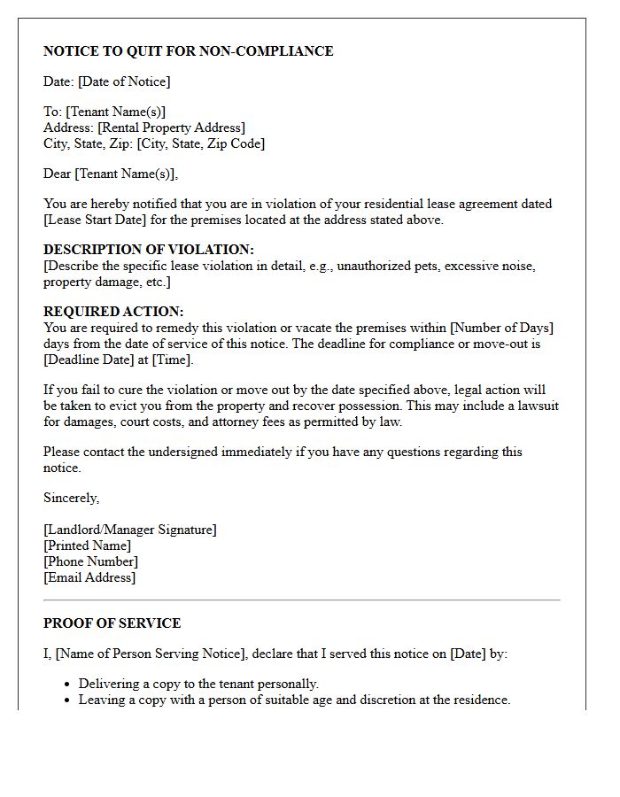 Lease Violation Eviction Notice To Quit Letter