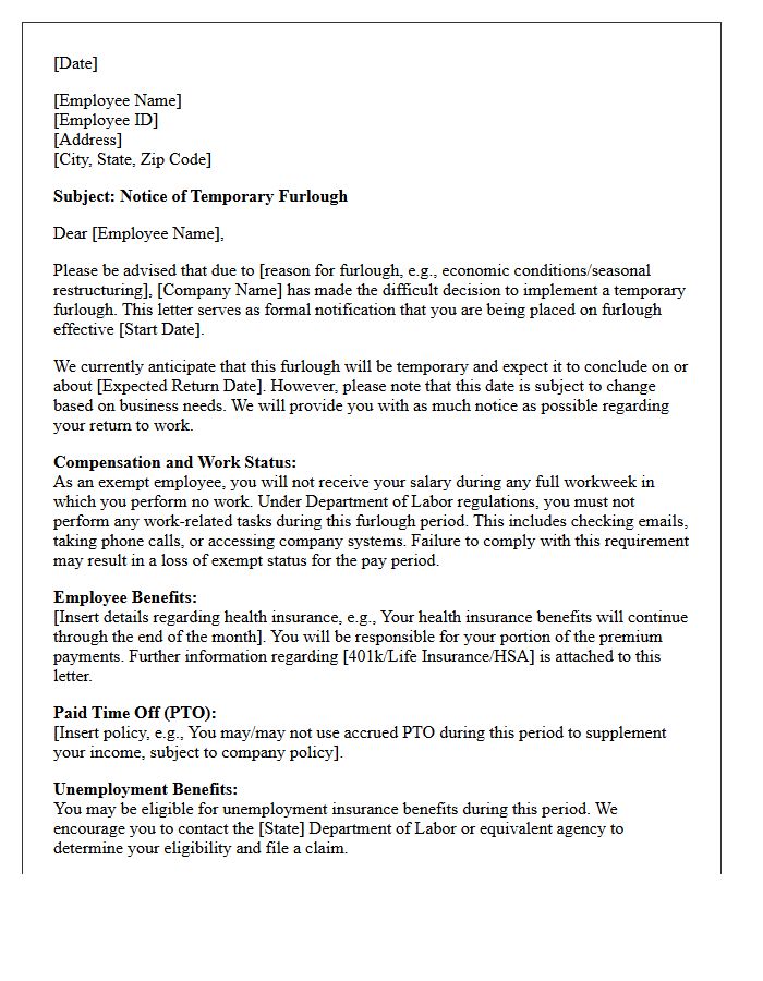 Standard Exempt Employee Furlough Notice Letter