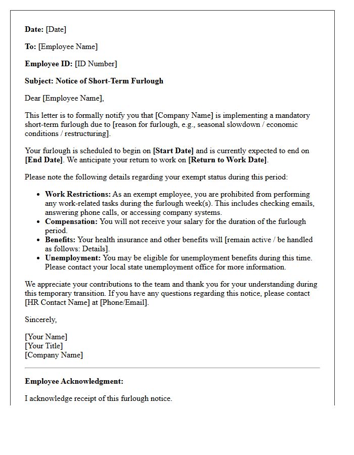 Short-Term Exempt Employee Furlough Notice Letter