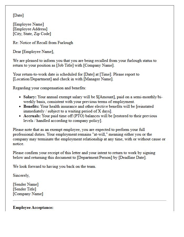 Exempt Employee Furlough Recall Notice Letter