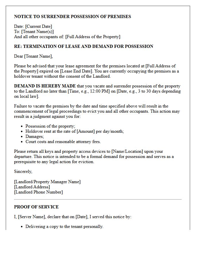 Holdover Tenant Eviction Notice Demand Letter