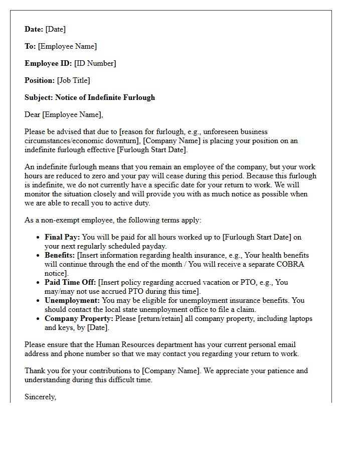 Indefinite Furlough Notice Letter For Non-Exempt Personnel