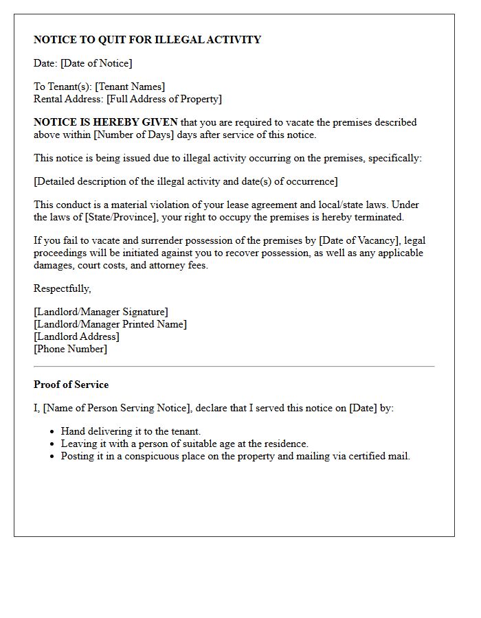 Illegal Activity Eviction Notice To Quit Letter