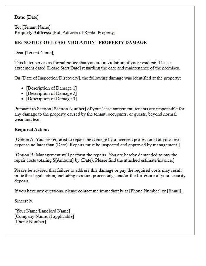 Property Damage Lease Violation Demand Letter