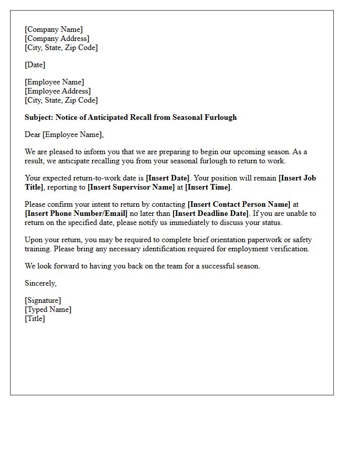 Anticipated Recall from Seasonal Furlough Letter