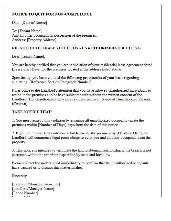 Unauthorized Subletting Eviction Notice Letter