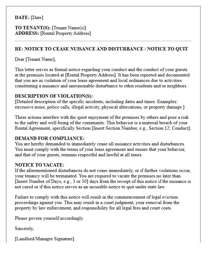 Nuisance And Disturbance Eviction Demand Letter