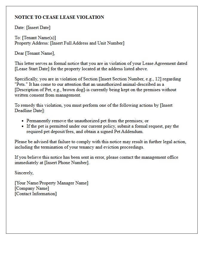 Unapproved Pet Lease Violation Notice Letter