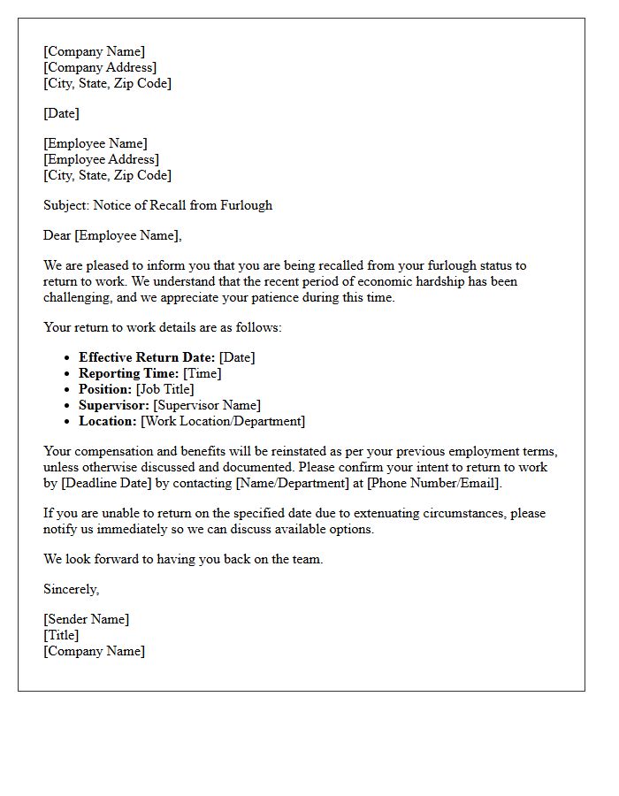 Economic Hardship Furlough Recall Letter